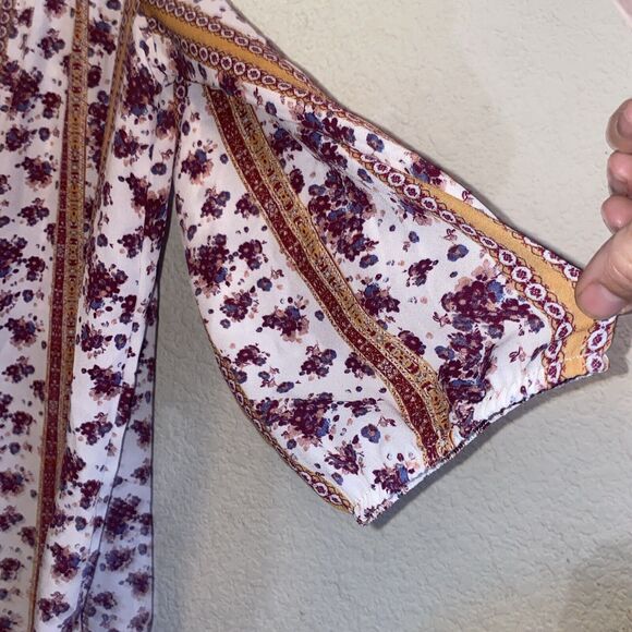 Pink Rose Floral Hippie Jojo Open Shoulder Blouse 3/4 Balloon Sleeve L Women - Picture 8 of 9